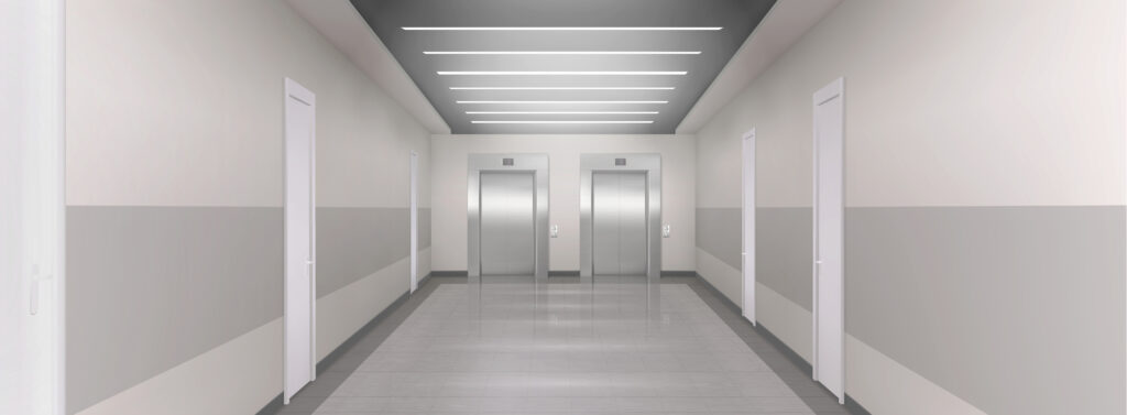 realistic hallway with two closed elevators