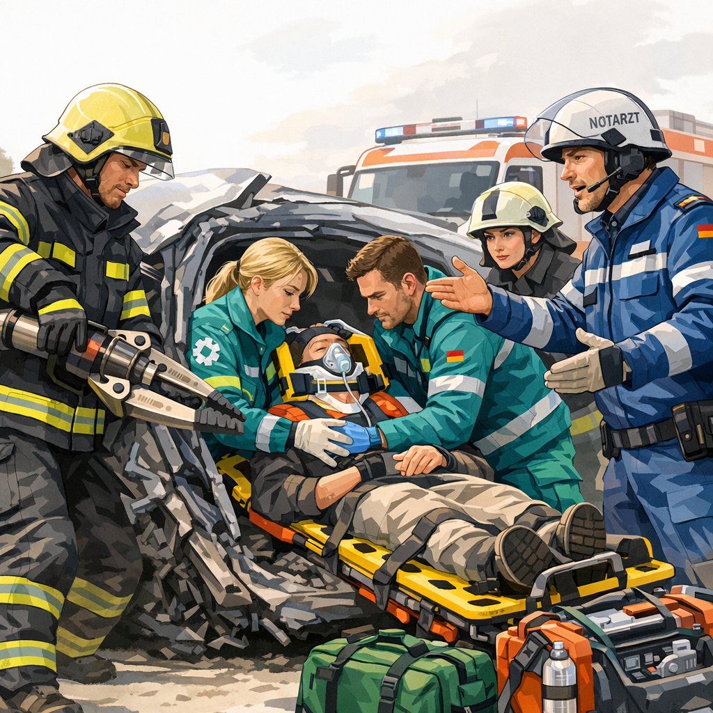 Feuerwehr und Rettungsdienst helfen verletztem Autofahrer