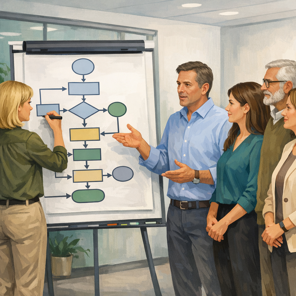 Team entwickelt gemeinsam am Flipchart neuen Workflow