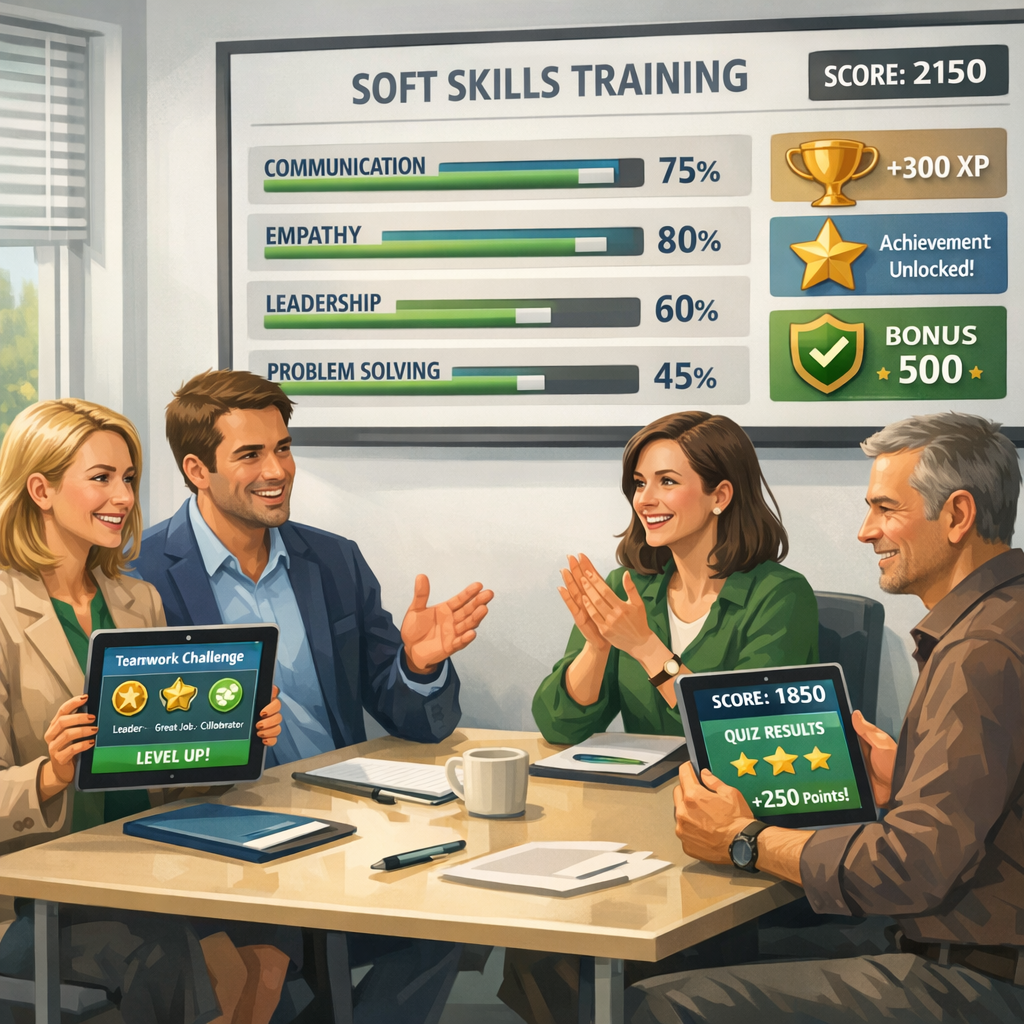 Team hat gemeinsam Aufgaben gelöst, der erzielte Punktestand und die Kompetenzentwicklung wird auf dem Monitor angezeigt