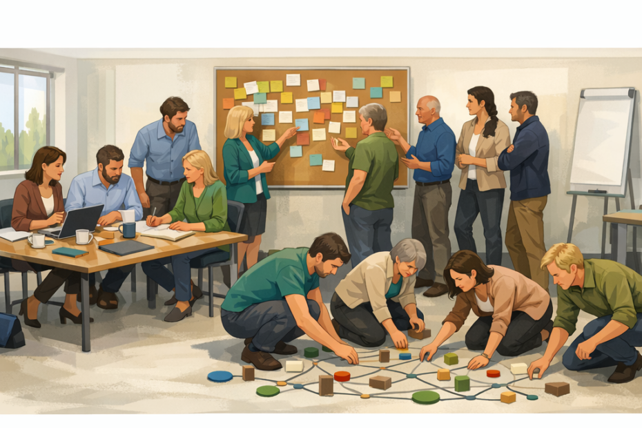 Teilnehmer des Workshops arbeiten kreativ in drei Gruppen