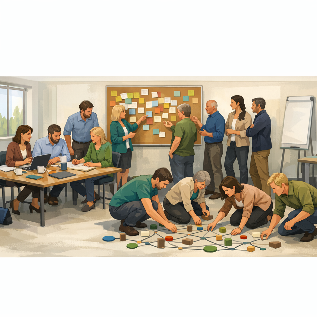 Teilnehmer des Workshops arbeiten kreativ in drei Gruppen